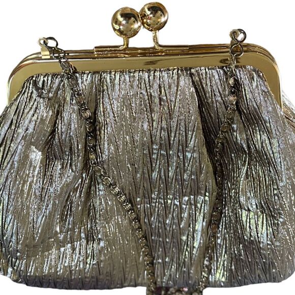 Pre-loved pleated fabric gold tone framed clutch with chain cross body strap. - Picture 3 of 10